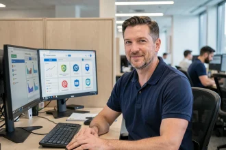 Administrateur informatique gérant la sécurité des données scolaires sur un tableau de bord numérique dans un bureau moderne