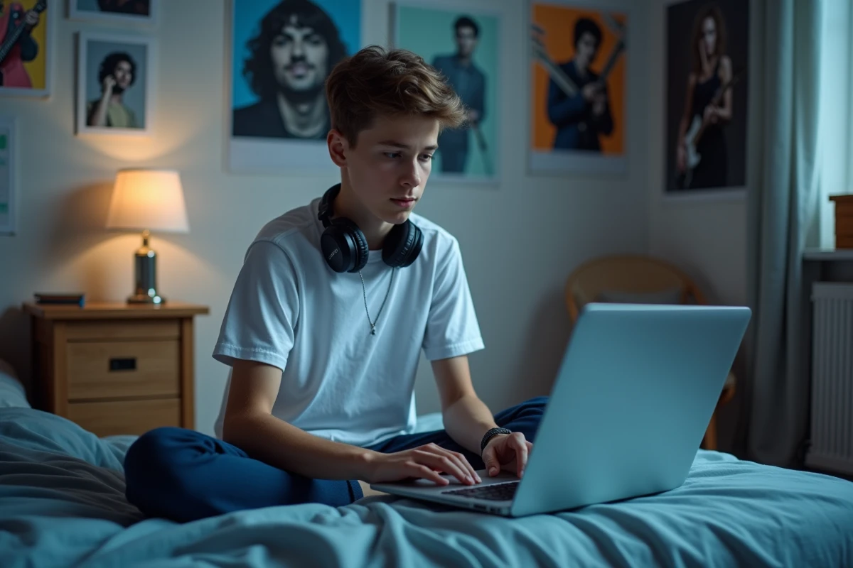 Adolescent utilisant son ordinateur portable comme piano en ligne dans sa chambre d'étudiant