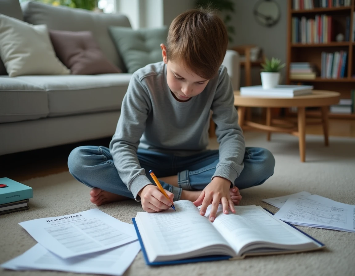 Adolescent révisant par terre dans le salon avec des fiches brevet et cahiers d'exercices