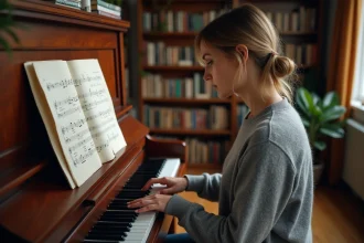 Femme adulte débutante apprenant la clé de FA au piano avec une partition manuscrite dans un salon chaleureux