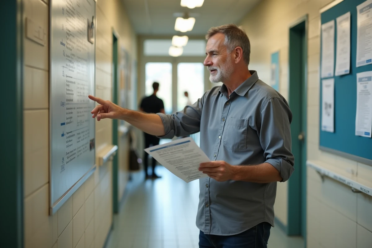 Agent de l'Éducation nationale expliquant les étapes de la plateforme Toulouse Convergence à un collègue dans un couloir d'établissement scolaire