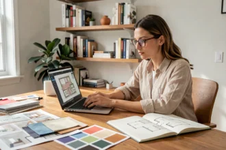 Femme apprenant l'architecture intérieure chez elle avec des planches d'inspiration et un logiciel de conception sur ordinateur portable