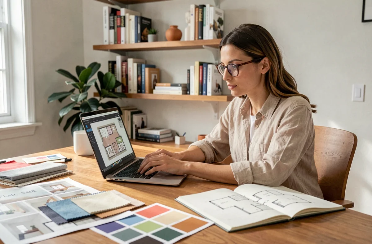 Femme apprenant l'architecture intérieure chez elle avec des planches d'inspiration et un logiciel de conception sur ordinateur portable