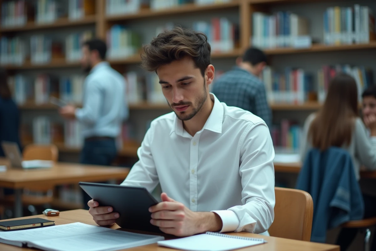 Apprenti en formation vérifiant ses notes et résultats d'examen sur tablette dans une bibliothèque universitaire