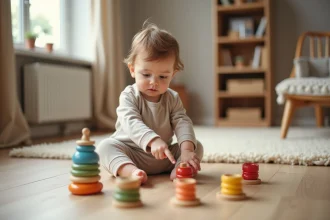 Tout-petit apprenant à reconnaître les couleurs avec des anneaux en bois colorés sur le sol d'un salon chaleureux
