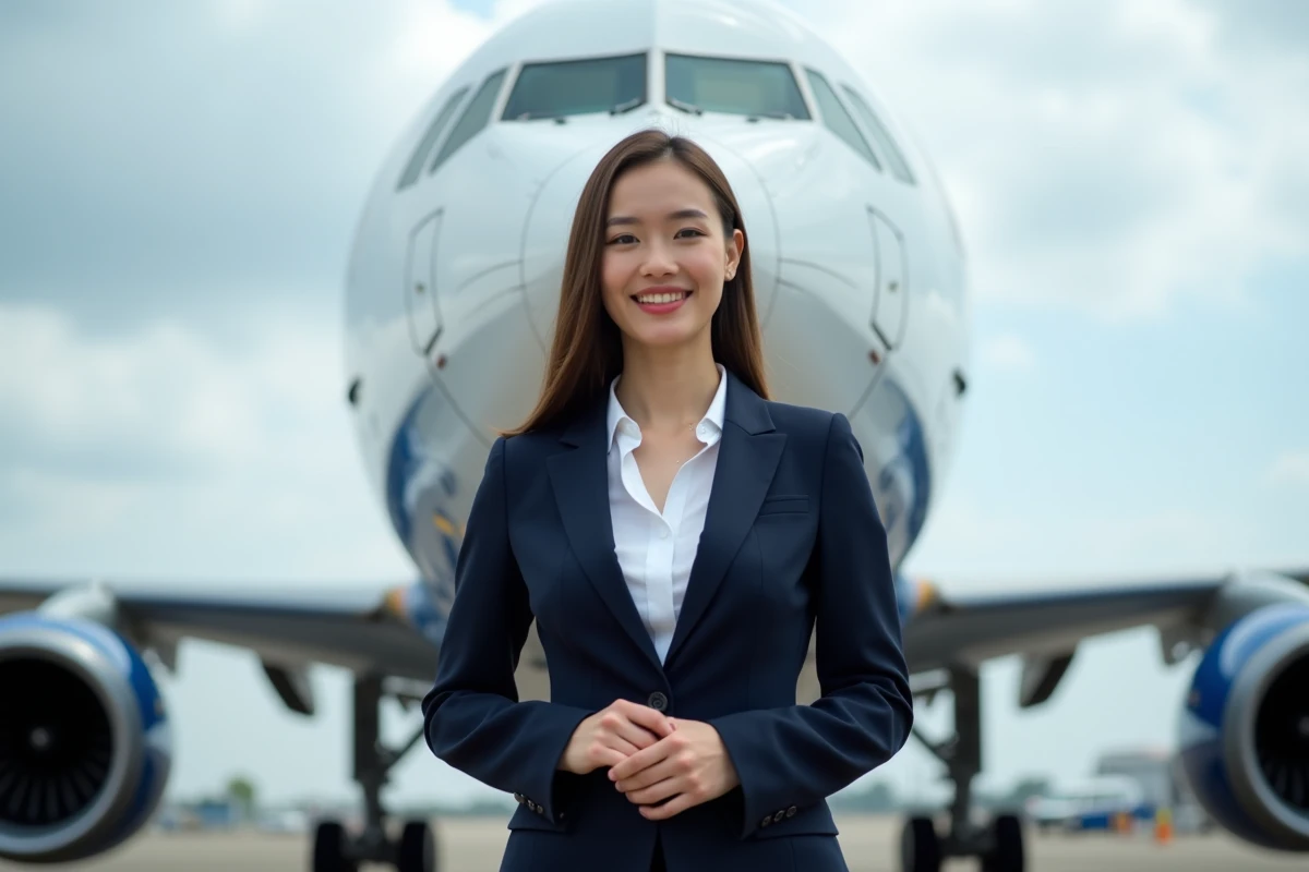 Jeune femme aspirante pilote de ligne devant un avion commercial sur le tarmac d'un aéroport