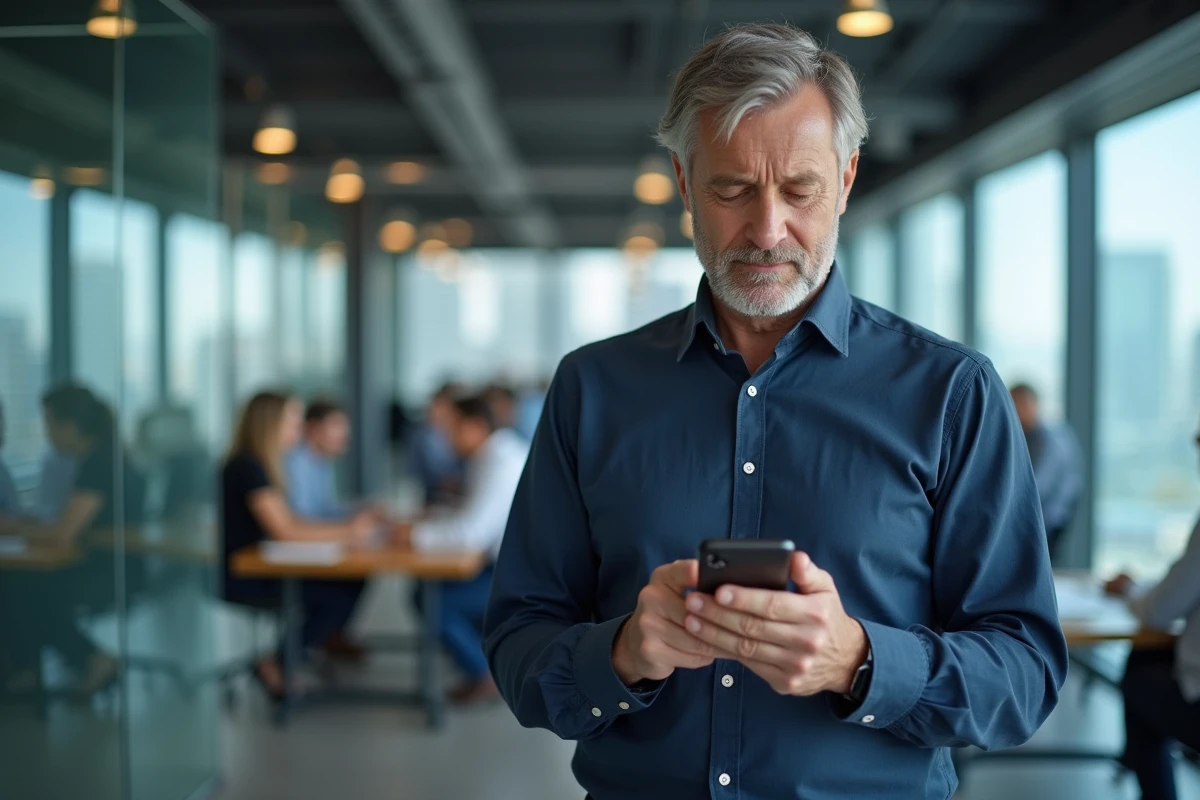 Homme vérifiant une authentification à deux facteurs sur son smartphone dans un bureau professionnel moderne