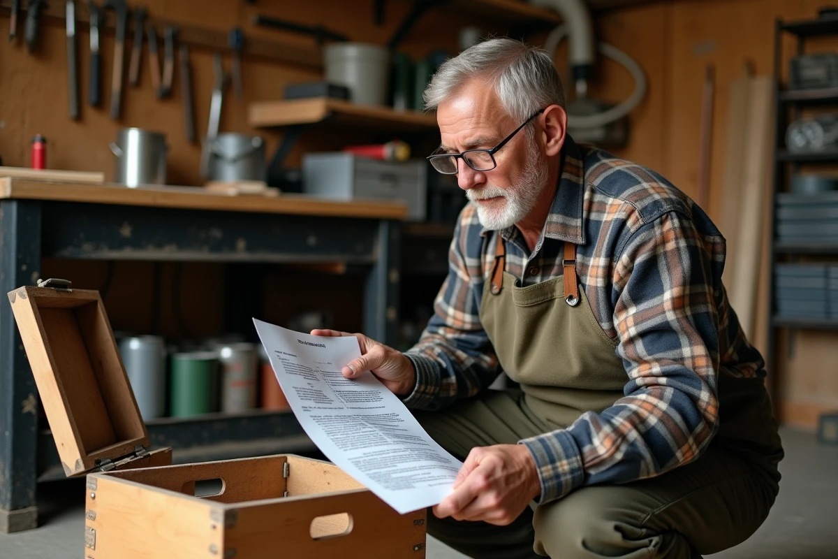 Bricoleur expérimenté lisant une fiche technique de bricolage dans un atelier maison encombré