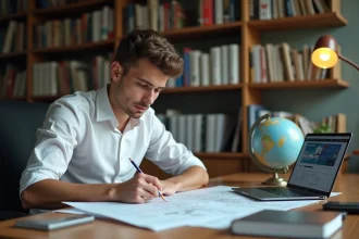 Jeune candidat au programme cadet Air France étudiant des cartes aéronautiques à son bureau