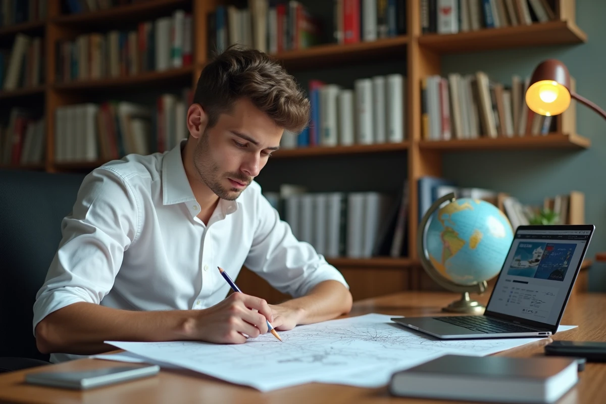 Jeune candidat au programme cadet Air France étudiant des cartes aéronautiques à son bureau