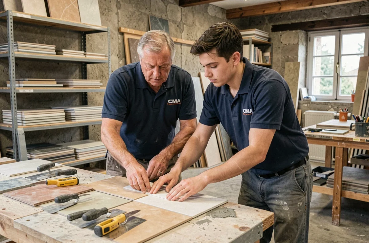 Formateur et apprenti carreleur en formation artisanale au CMA Formation Auxerre dans l'Yonne