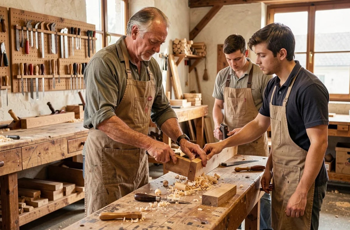 Formateur artisan enseignant une technique de menuiserie à des apprentis au CMA Formation Dijon