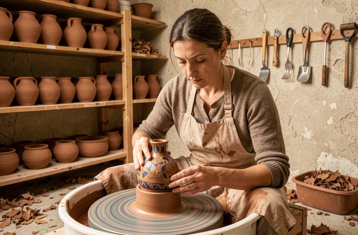 Apprenante en poterie et artisanat au CMA Formation Nevers dans la Nièvre travaillant sur un tour de céramique