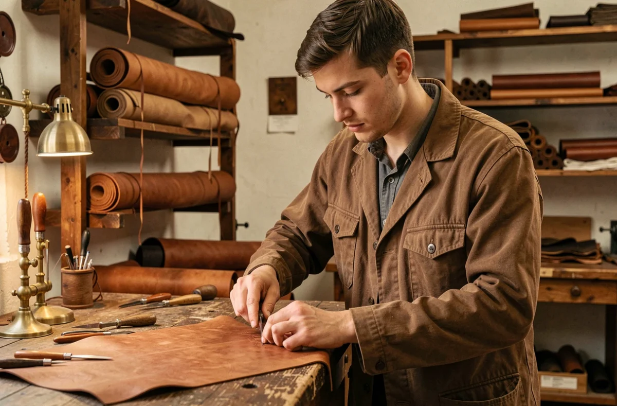 Apprenti maroquinier en formation artisanale au CMA Formation Sens au nord de la Bourgogne