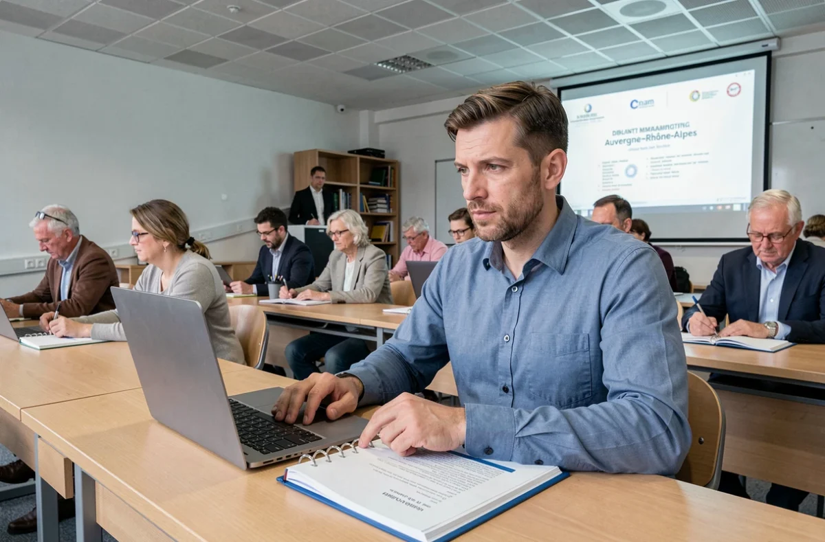 Étudiant adulte en formation diplômante au Cnam Auvergne-Rhône-Alpes dans une salle de cours universitaire