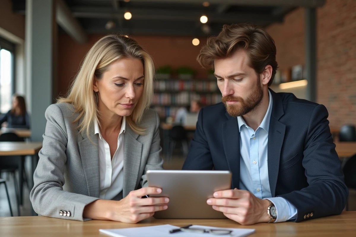 Coach et jeune professionnel concentrés sur une tablette dans un espace de coworking