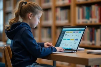 Collégienne utilisant l'ENT Aisne sur un ordinateur portable dans une bibliothèque scolaire moderne