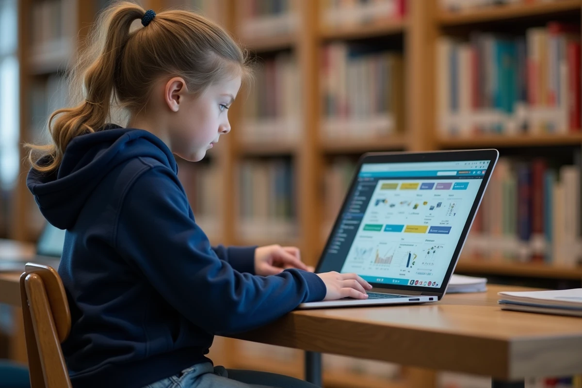 Collégienne utilisant l'ENT Aisne sur un ordinateur portable dans une bibliothèque scolaire moderne
