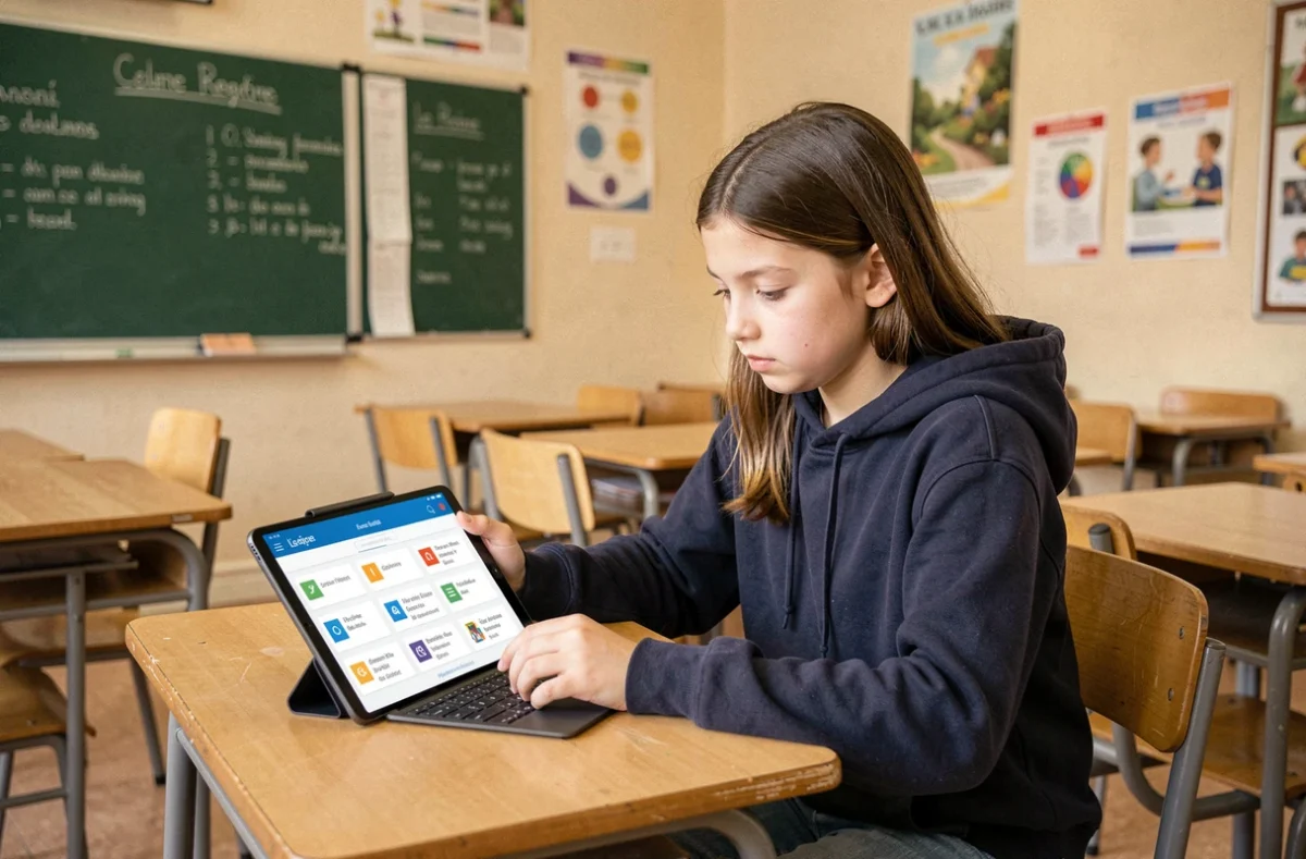 Collégienne utilisant l'ENT Auvergne sur une tablette en classe, illustrant les usages numériques au collège