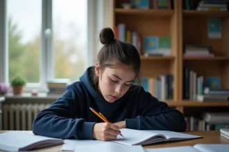 Collégienne révisant un exercice type brevet de mathématiques à son bureau à la maison