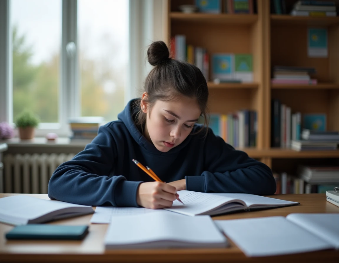 Collégienne révisant un exercice type brevet de mathématiques à son bureau à la maison