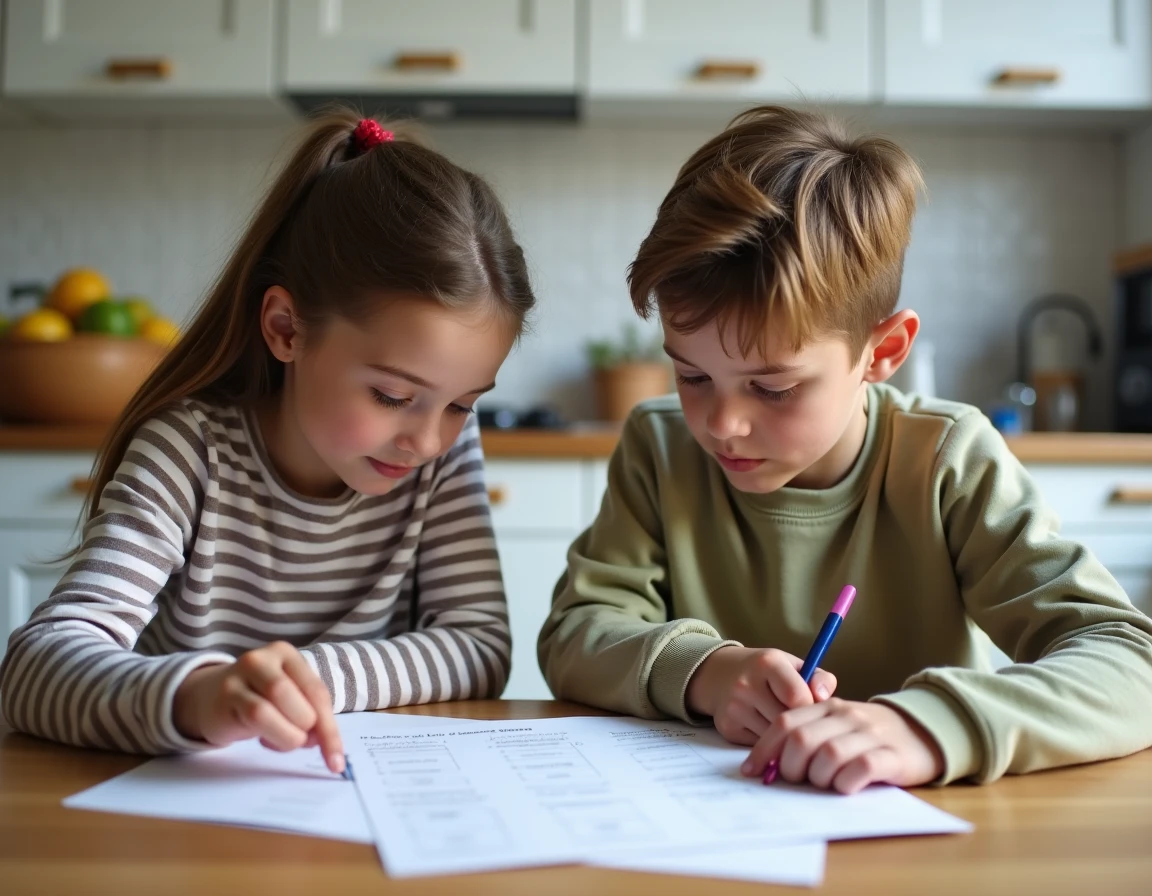 Deux collégiens travaillant ensemble sur des exercices type brevet à la table de la cuisine
