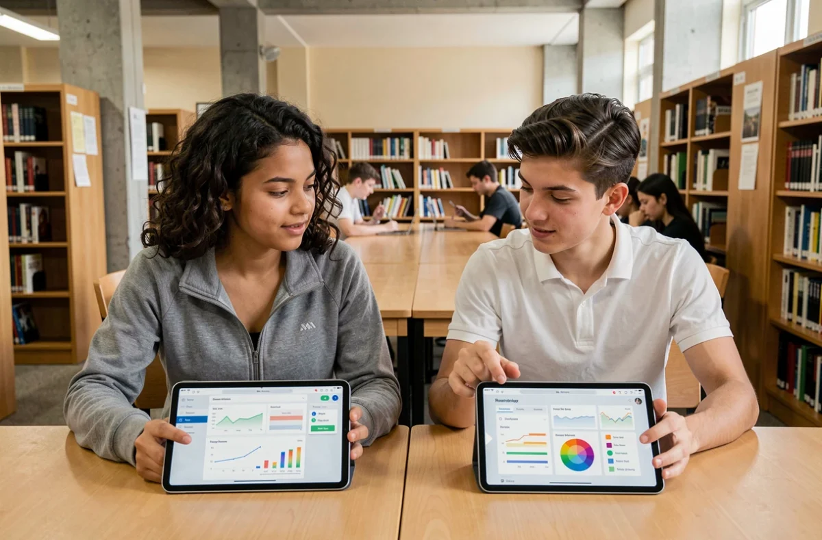 Deux lycéens comparant des plateformes numériques éducatives sur tablette dans une bibliothèque scolaire, différences entre Alcuin ESME et my digital campus