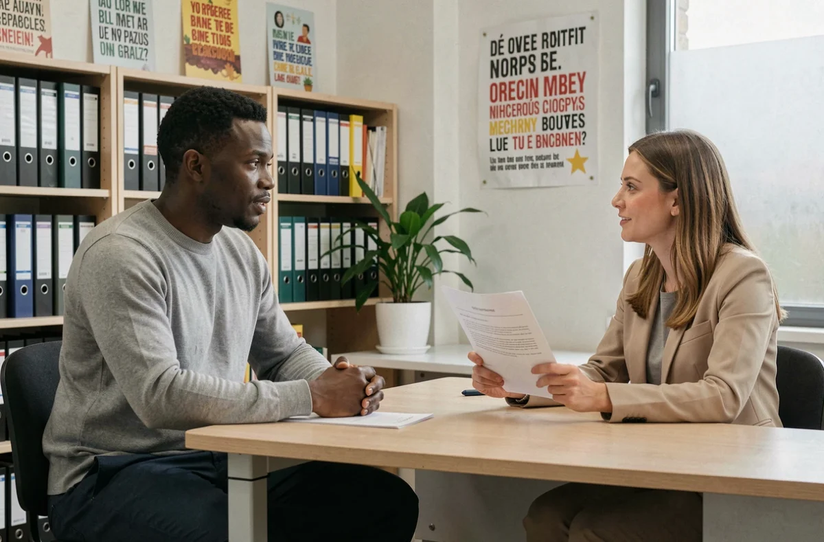 Homme sans titre de séjour en entretien avec une conseillère d'une association pour obtenir un financement de formation légale