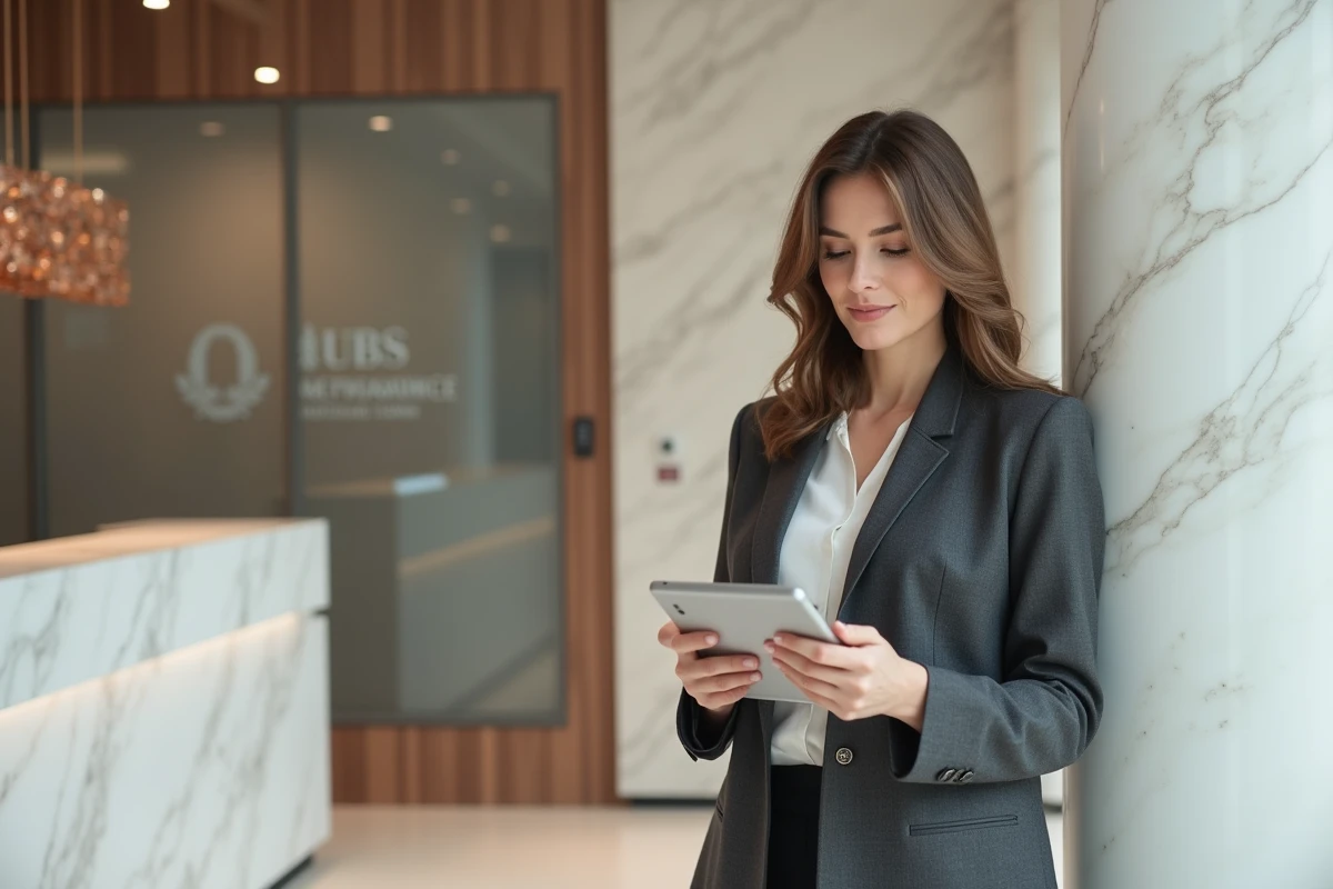 Femme conseillère dans une agence bancaire moderne consultant les nouvelles fonctionnalités UBS ENT sur tablette