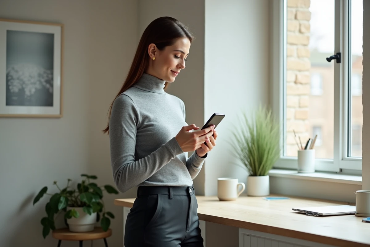 Consultante indépendante consultant ses messages professionnels sur smartphone depuis son bureau à domicile pour développer son réseau commercial