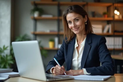 Consultante en social selling prenant des notes devant son ordinateur portable ouvert sur LinkedIn dans un espace de coworking moderne