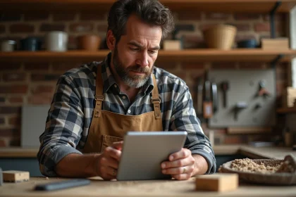 Un homme débutant en bricolage consultant un tutoriel sur tablette dans un atelier maison bien équipé