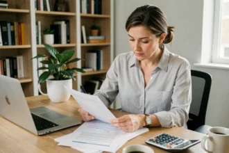 Femme consultant des documents pour une première demande de devis de decoscope à son bureau à domicile