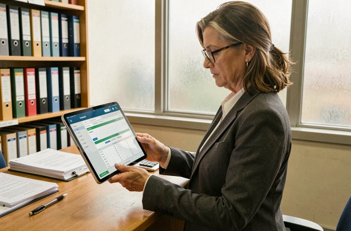 Directrice d'école consultant une interface de gestion des données élèves sécurisée sur une tablette dans son bureau