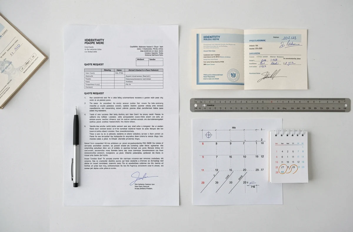 Documents nécessaires pour une demande de devis decoscope disposés en flat lay sur un bureau blanc