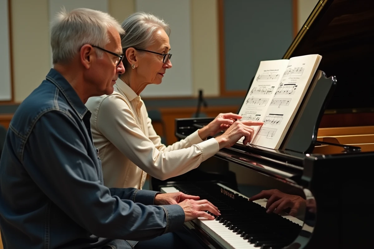 Deux adultes débutants étudiant ensemble la clé de FA sur un piano dans une salle de répétition d'école de musique