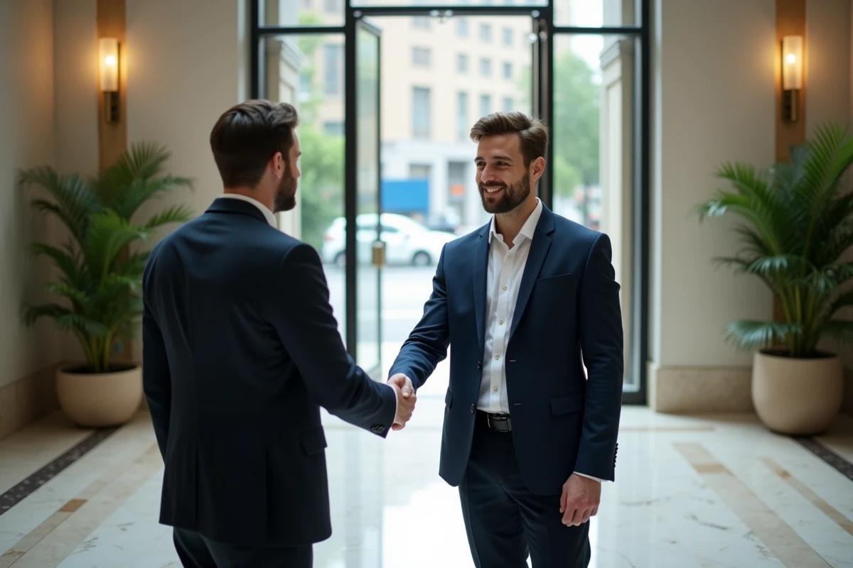 Jeune homme serrant la main d un manager dans un lobby moderne