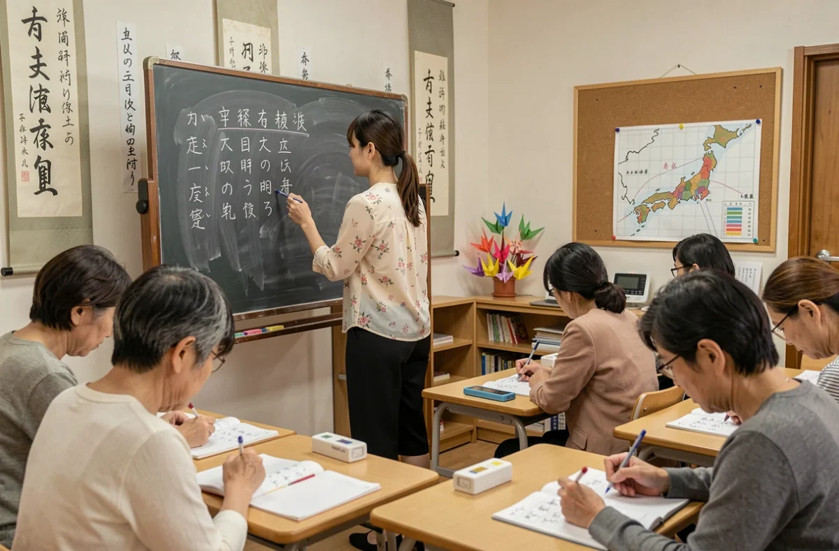 Enseignante japonaise écrivant des kanjis au tableau devant des élèves adultes à l'École Japonaise du Nord-Pas-de-Calais à Villeneuve-d'Ascq