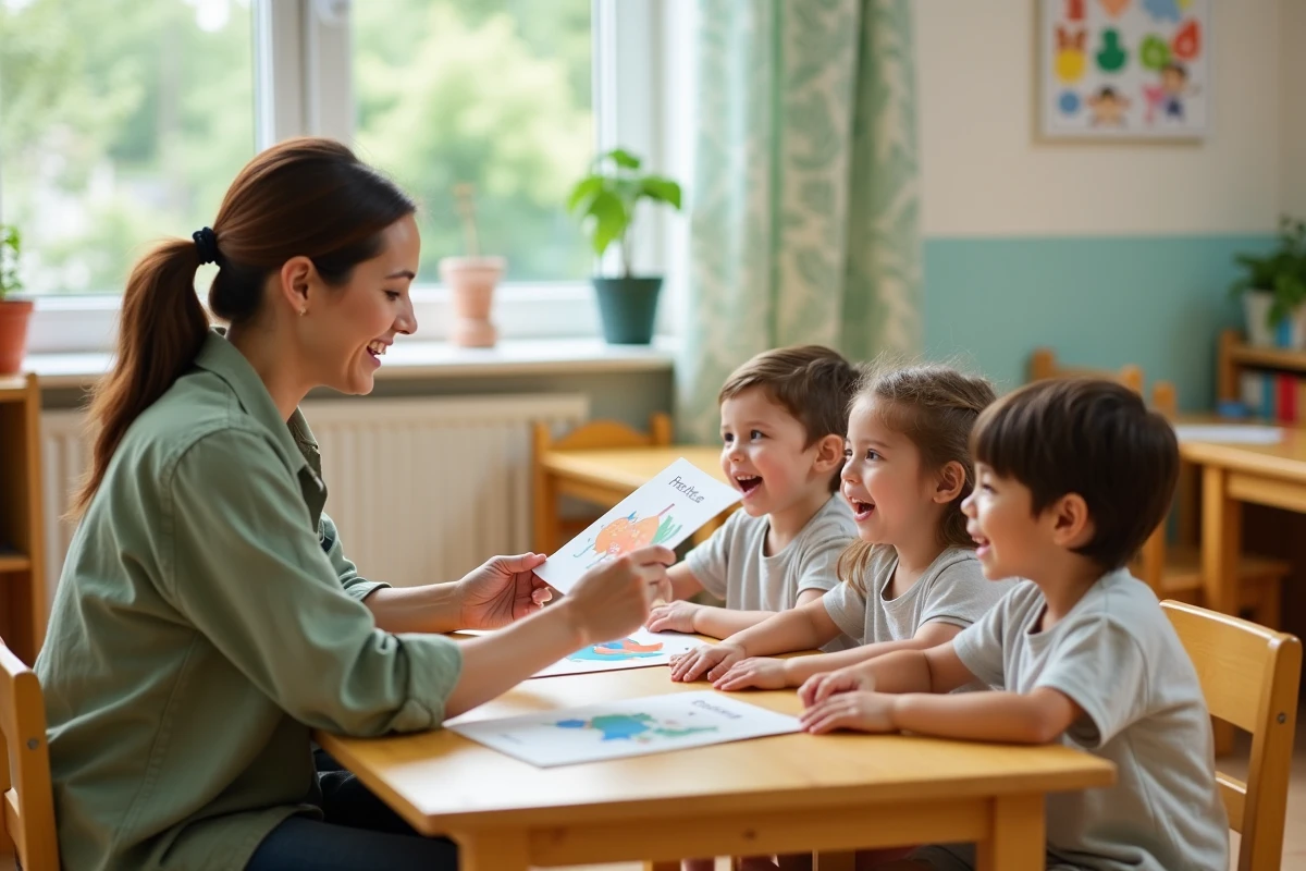 Éducatrice en crèche présentant des cartes de couleurs à des enfants en bas âge lors d'une activité pédagogique