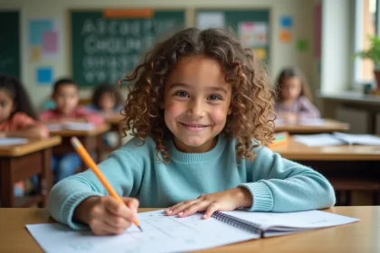 Jeune élève de CE1 qui complète un exercice imprimé à son bureau en classe avec concentration et sourire