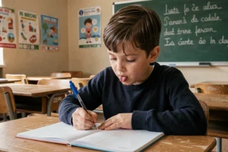 Élève de CM2 concentré qui écrit une dictée dans son cahier en classe, tableau vert avec des mots en arrière-plan
