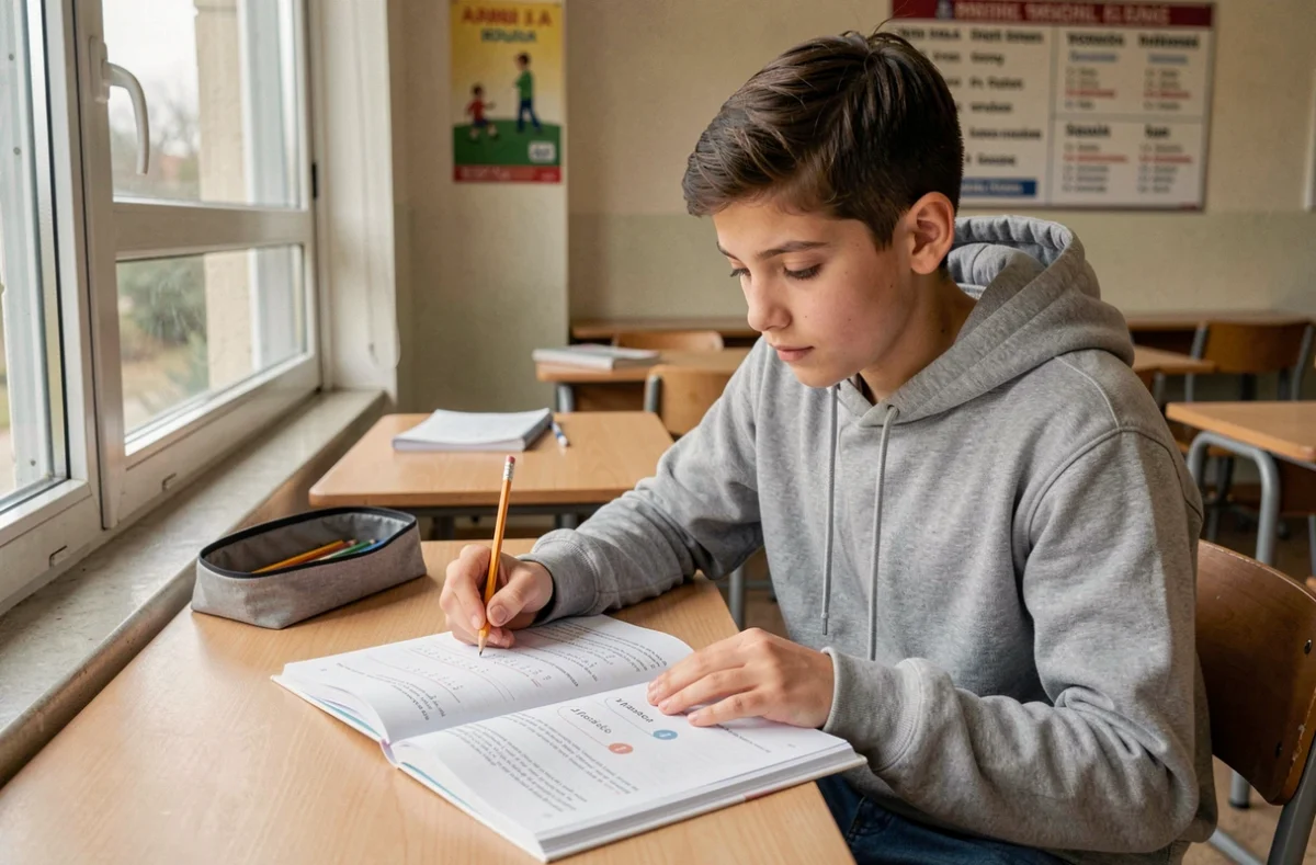 Élève de collège étudiant seul la grammaire espagnole et l'imparfait dans un manuel scolaire
