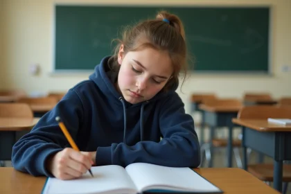 Adolescente concentrée faisant un exercice de dictée et ponctuation dans un cahier à lignes en classe