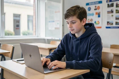 Élève lycéen utilisant une plateforme numérique scolaire sur ordinateur portable en classe, comparaison Alcuin ESME et my digital campus