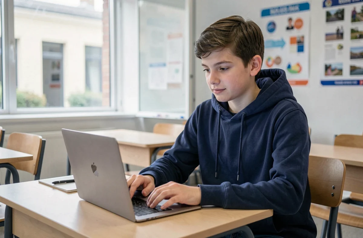 Élève lycéen utilisant une plateforme numérique scolaire sur ordinateur portable en classe, comparaison Alcuin ESME et my digital campus