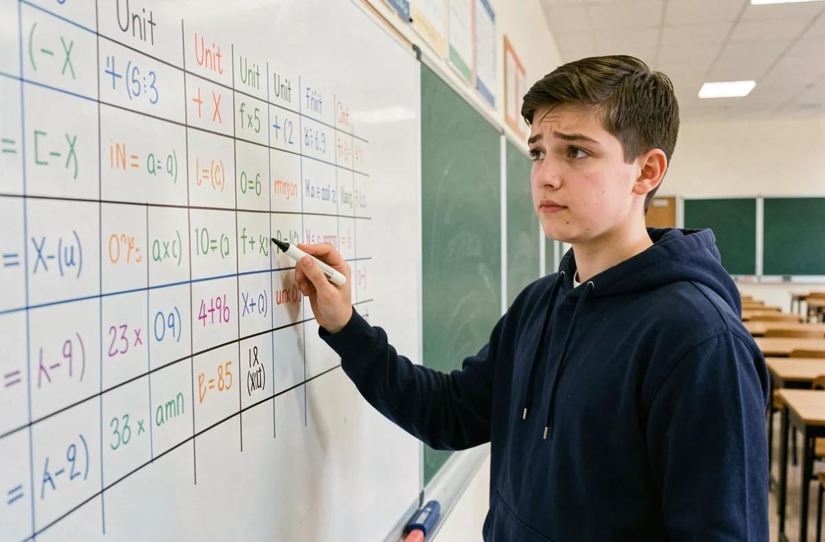 Adolescent devant un tableau blanc avec une grille de conversion en cases dessinée au marqueur coloré dans une salle de classe