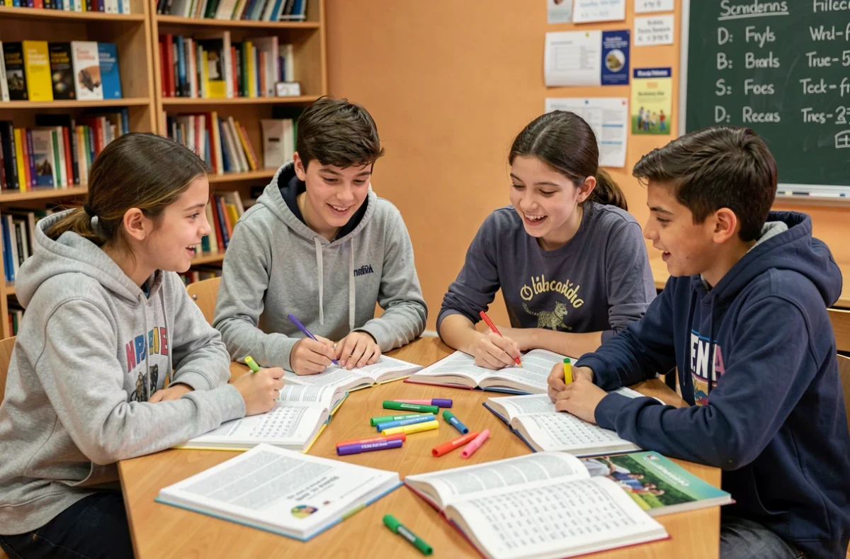 Groupe d'élèves de collège travaillant ensemble sur des exercices de l'imparfait en espagnol