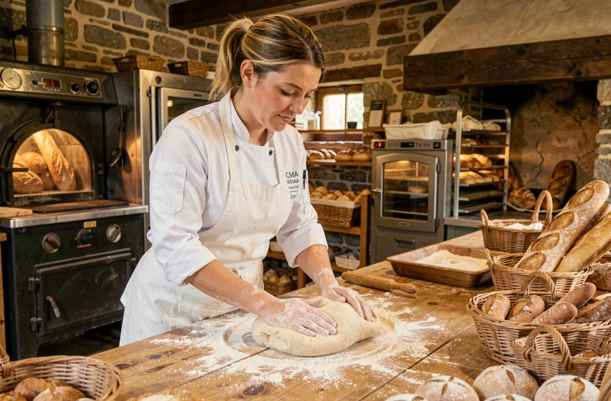 Apprentie boulangère en formation artisanale à l'EMC Dole dans le Jura lors d'un atelier de panification