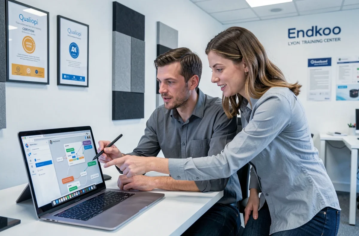 Participant en formation intelligence artificielle certifiée Qualiopi chez Endkoo Lyon avec une formatrice devant un écran IA
