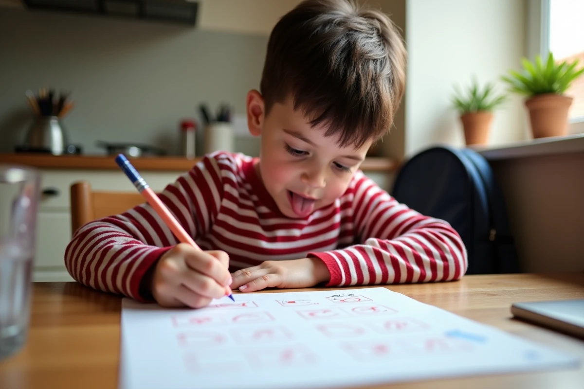 Enfant de CE1 qui travaille sur un exercice imprimé à la maison pour progresser et gagner en confiance